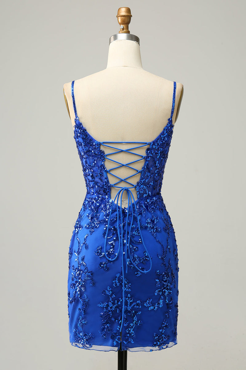 Load image into Gallery viewer, Sparkly Black Corset Sequins Tight Short Prom Dress with Lace