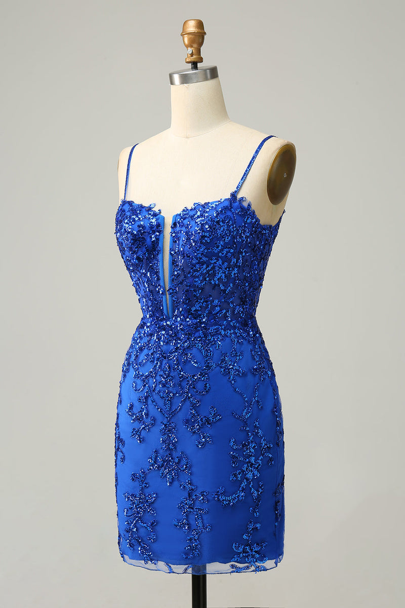 Load image into Gallery viewer, Sparkly Black Corset Sequins Tight Short Prom Dress with Lace