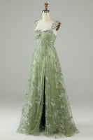 Load image into Gallery viewer, Green Corset Long Tulle Prom Dress with 3D Butterflies