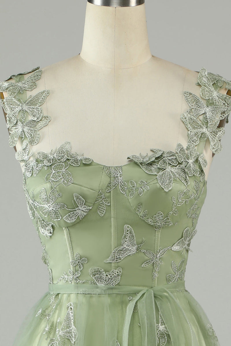 Load image into Gallery viewer, Green Corset Long Tulle Prom Dress with 3D Butterflies