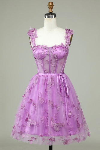 Cute A Line Sweetheart Purple Corset Party Dress with Appliques