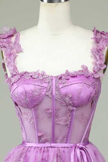 Cute A Line Sweetheart Purple Corset Party Dress with Appliques