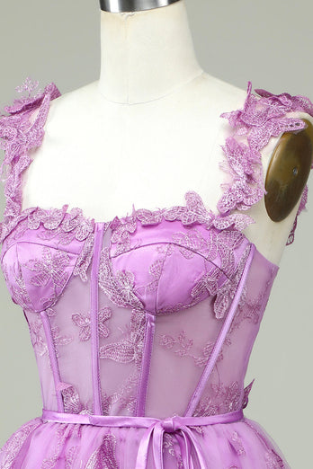Cute A Line Sweetheart Purple Corset Party Dress with Appliques