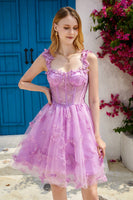 Load image into Gallery viewer, Purple A Line Corset Short Prom Dress with 3D Butterflies
