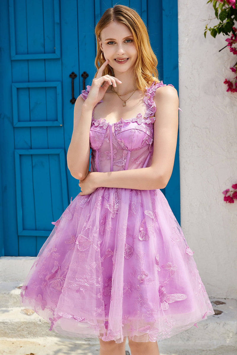 Load image into Gallery viewer, Purple A Line Corset Short Prom Dress with 3D Butterflies