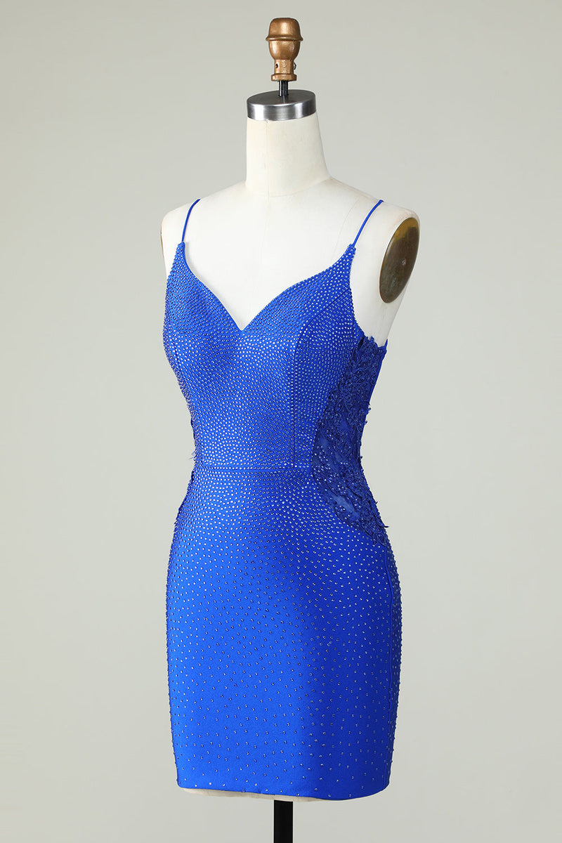 Load image into Gallery viewer, Sheath Spaghetti Straps Royal Blue Short Prom Dress with Beading