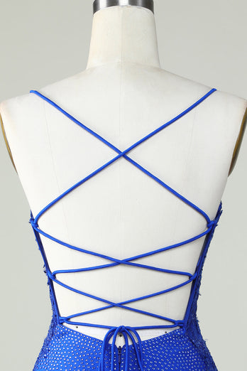 Sheath Spaghetti Straps Royal Blue Short Prom Dress with Beading