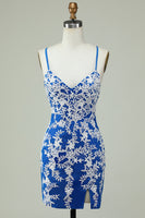Load image into Gallery viewer, Spaghetti Straps Blue Sheath Short Prom Dress With Appliques