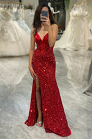 Load image into Gallery viewer, Glitter Red Mermaid Long Mirror Prom Dress With Slit