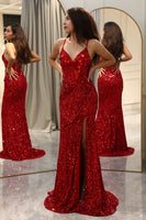 Load image into Gallery viewer, Sparkly Red Mermaid Long Mirror Prom Dress With Slit