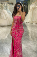 Load image into Gallery viewer, Sparkly Fuchsia Mermaid Long Appliqued Prom Dress With Slit
