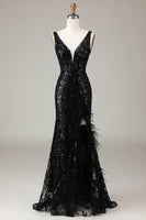 Load image into Gallery viewer, Black Sparkly Depp V-neck Mermaid Prom Dress with Feathers