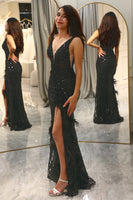 Load image into Gallery viewer, Sparkly Black Mermaid Long Feathered Prom Dress With Slit
