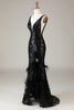 Load image into Gallery viewer, Black Sparkly Depp V-neck Mermaid Prom Dress with Feathers