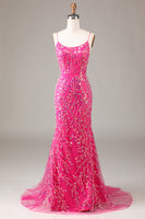 Load image into Gallery viewer, Hot Pink Sequins &amp; Beaded Mermaid Prom Dress with Backless