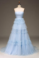 Load image into Gallery viewer, Tulle Light Blue Tiered Prom Dress with Slit