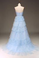 Load image into Gallery viewer, Tulle Light Blue Tiered Prom Dress with Slit
