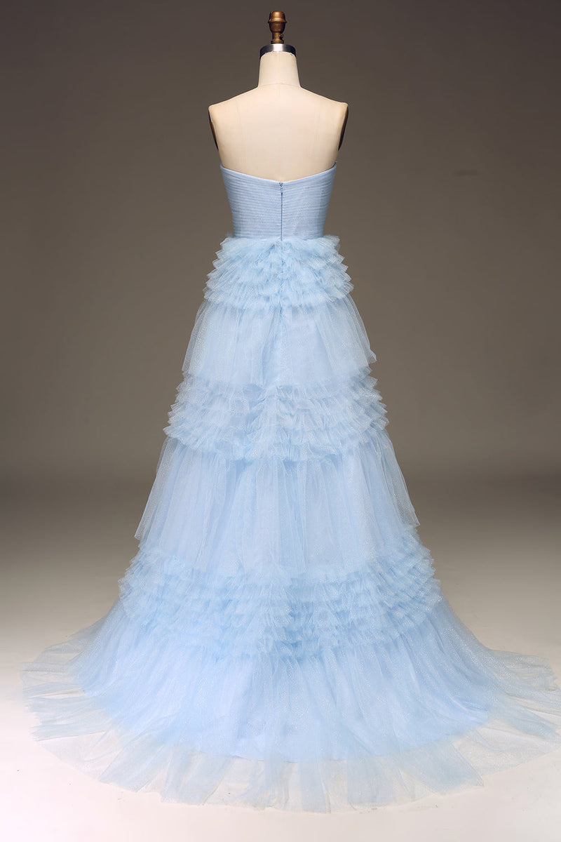 Load image into Gallery viewer, Tulle Light Blue Tiered Prom Dress with Slit