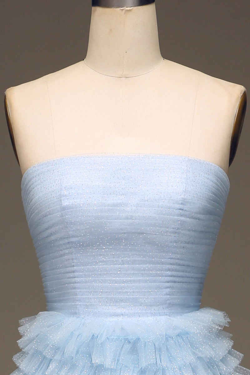 Load image into Gallery viewer, Tulle Light Blue Tiered Prom Dress with Slit