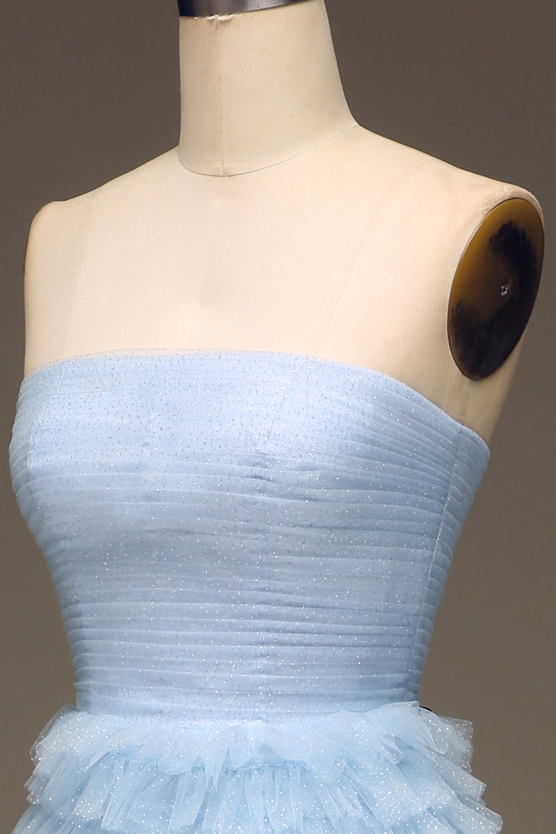 Load image into Gallery viewer, Tulle Light Blue Tiered Prom Dress with Slit