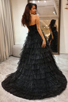 Load image into Gallery viewer, Glitter Black Long Corset Tiered Prom Dress With Slit