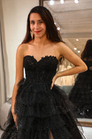 Load image into Gallery viewer, Sparkly Black Long Corset Tiered Detachable Off the Shoulder Prom Dress With Slit