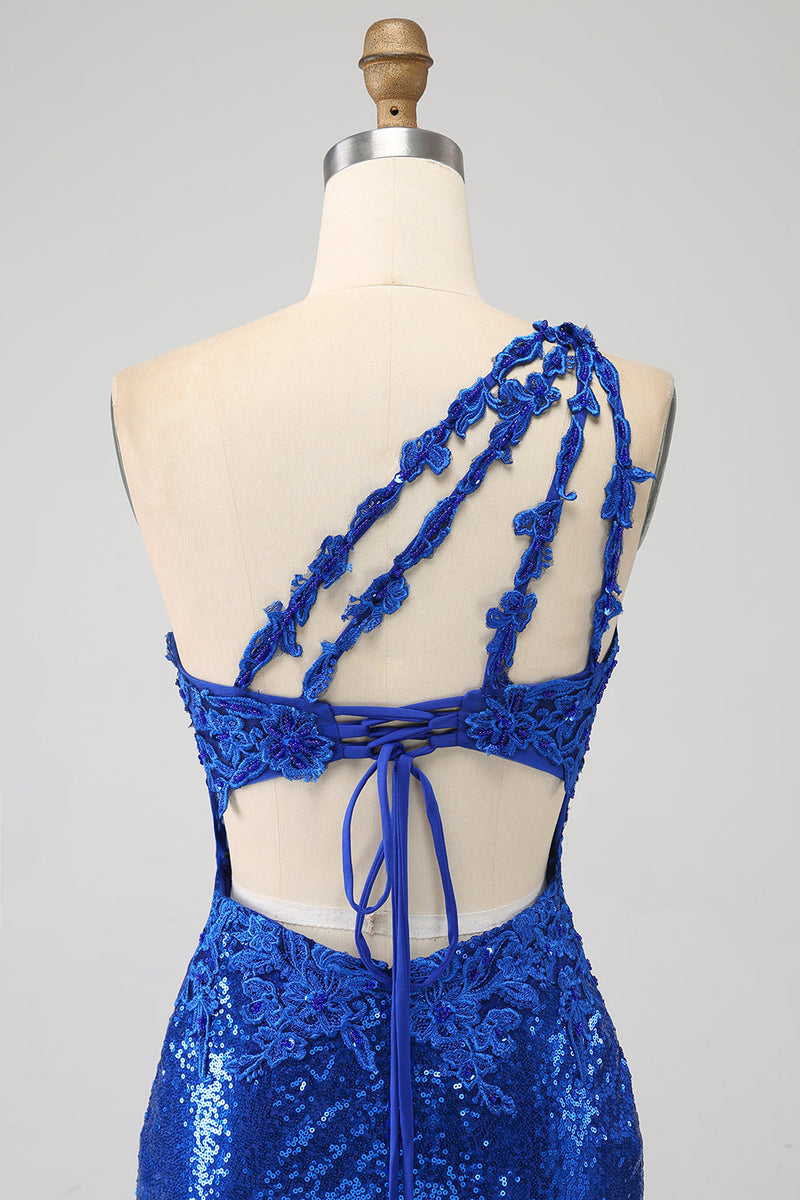 Load image into Gallery viewer, One Shoulder Royal Blue Mermaid Prom Dress with Slit