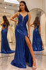Load image into Gallery viewer, Sparkly Royal Blue Mermaid V Neck Long Prom Dress With Slit
