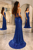 Load image into Gallery viewer, Sparkly Royal Blue Mermaid V Neck Long Prom Dress With Slit
