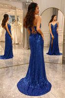 Load image into Gallery viewer, Sparkly Royal Blue Mermaid V Neck Long Prom Dress With Slit