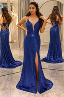 Load image into Gallery viewer, Sparkly Royal Blue Mermaid V Neck Long Prom Dress With Slit