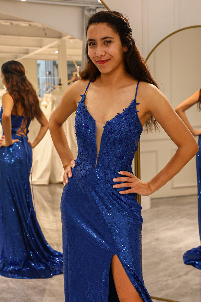 Load image into Gallery viewer, Sparkly Royal Blue Mermaid V Neck Long Prom Dress With Slit