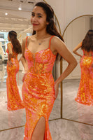 Load image into Gallery viewer, Sparkly Orange Mermaid Long Corset Prom Dress With Slit