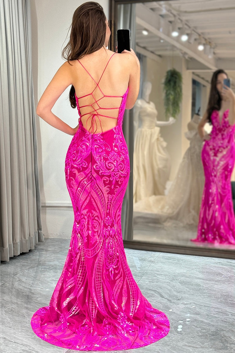 Load image into Gallery viewer, Fuchsia Mermaid Backless Long Prom Dress With Appliques