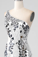 Load image into Gallery viewer, Silver Mirror Sequins One Shoulder Prom Dress with Hollow-out