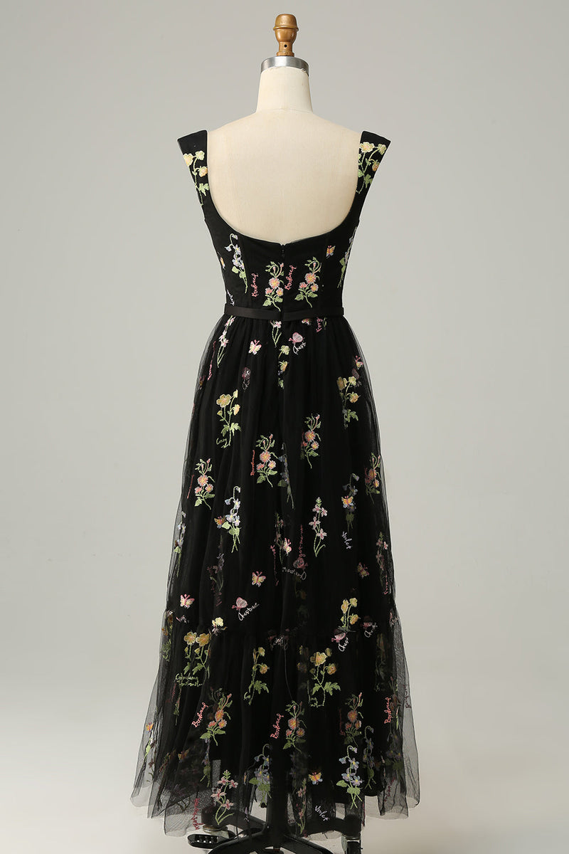 Load image into Gallery viewer, A Line Sweetheart Black Long Prom Dress with Embroidery