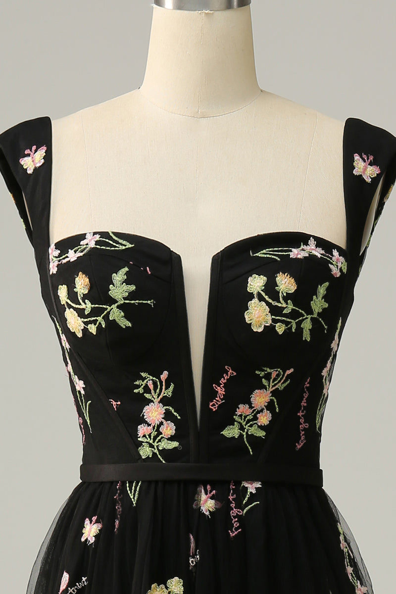 Load image into Gallery viewer, A Line Sweetheart Black Long Prom Dress with Embroidery