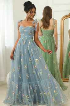Grey Blue Embroidery Long Prom Dress