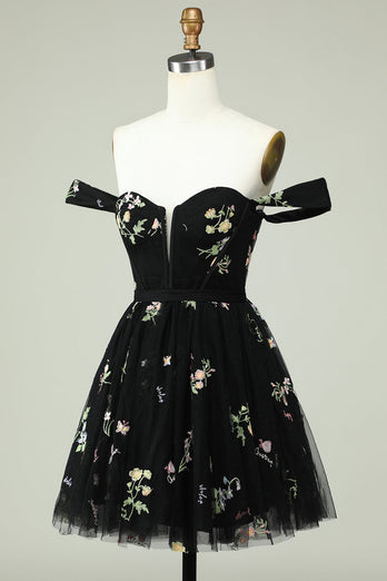 Black A Line Off the Shoulder Short Prom Dress