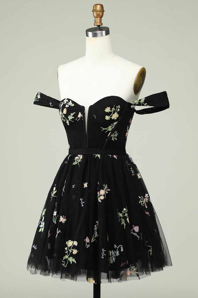 Load image into Gallery viewer, Black A Line Off the Shoulder Short Prom Dress