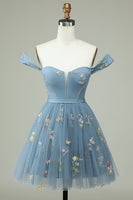 Load image into Gallery viewer, Cute A Line Off the Shoulder Black Corset Short Prom Dress with Embroidery