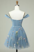 Load image into Gallery viewer, Cute A Line Off the Shoulder Black Corset Short Prom Dress with Embroidery