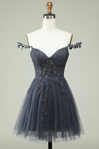 Cute A Line Spaghetti Straps Grey Short Prom Dress with Appliques