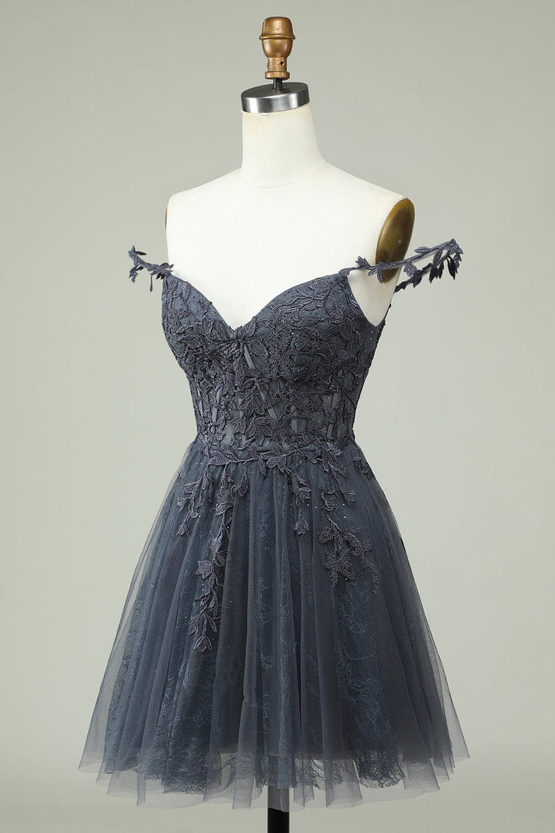 Load image into Gallery viewer, Cute A Line Spaghetti Straps Grey Short Prom Dress with Appliques