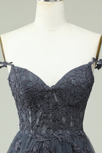 Cute A Line Spaghetti Straps Grey Short Prom Dress with Appliques