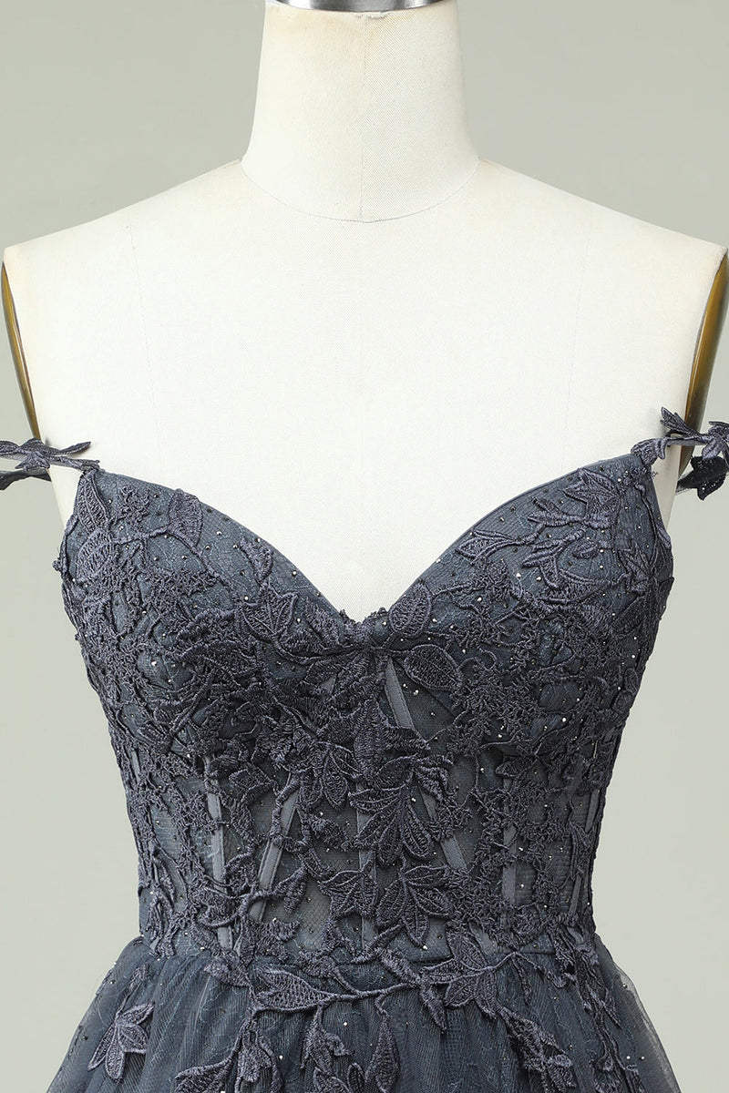 Load image into Gallery viewer, Cute A Line Spaghetti Straps Grey Short Prom Dress with Appliques