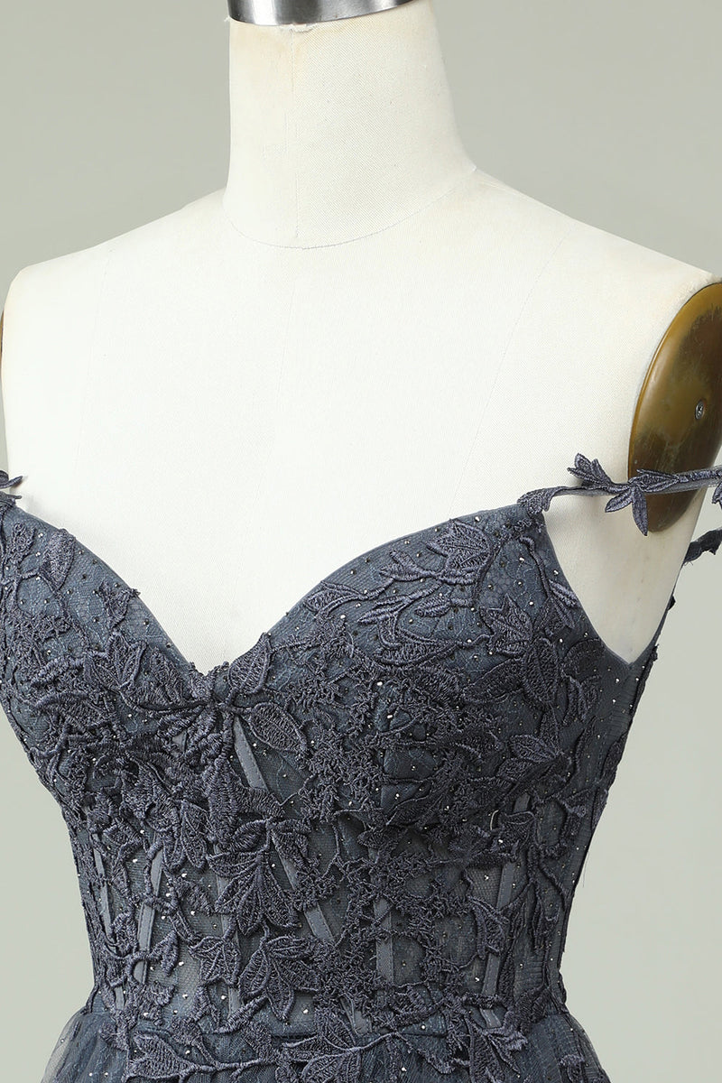 Load image into Gallery viewer, Cute A Line Spaghetti Straps Grey Short Prom Dress with Appliques