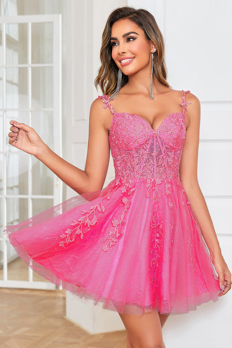 Load image into Gallery viewer, Stylish A Line Spaghetti Straps Pink Short Prom Dress with Appliques