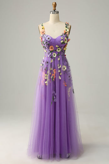 Dark Purple Spaghetti Straps Prom Dress With 3D Flowers