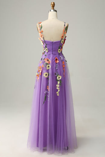 Purple Spaghetti Straps Prom Dress With 3D Flowers